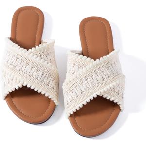 Mtzyoa Women Flat Sandals Braided Leather Crossover Nude Dressy Fashion Evening Party Wedding Sandals (10, Ivory Fabric)