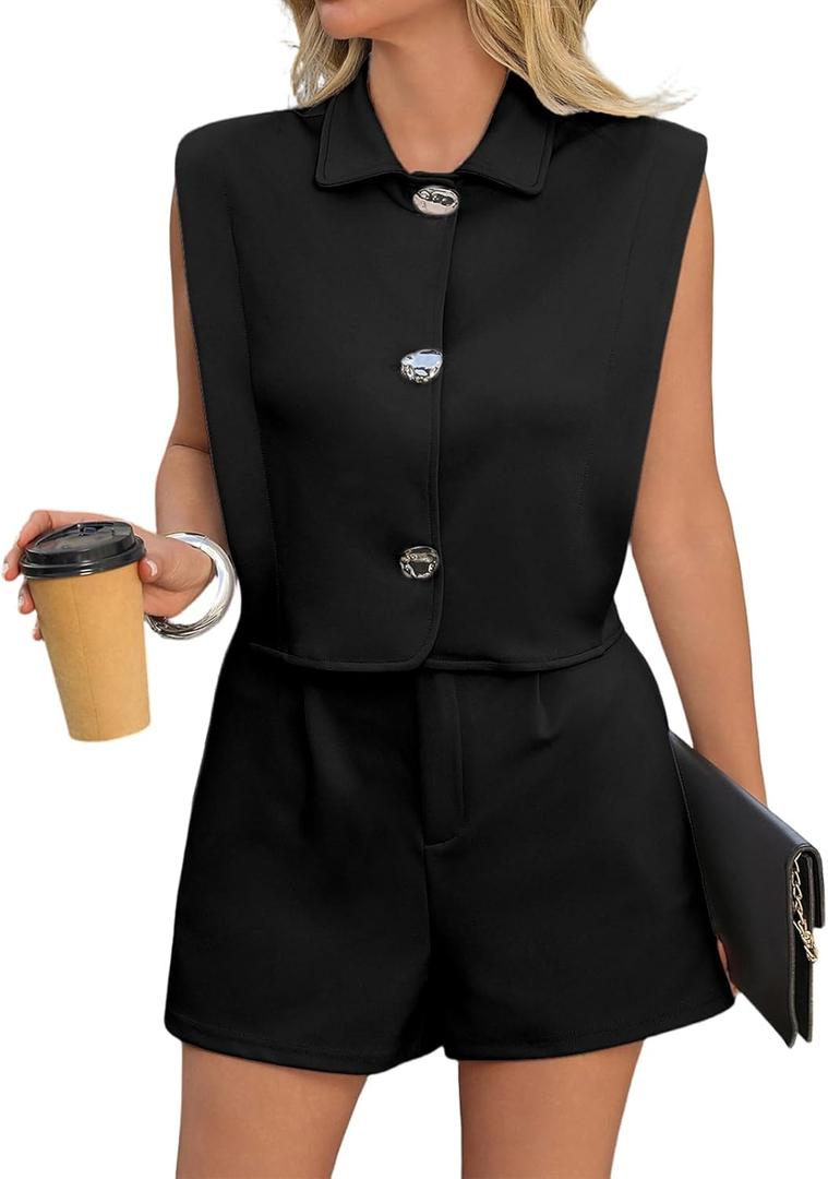 Women's Shorts Sets 2 Piece Spring Fashion Summer Button Vest Tops Business Casual High Waist Short, Small