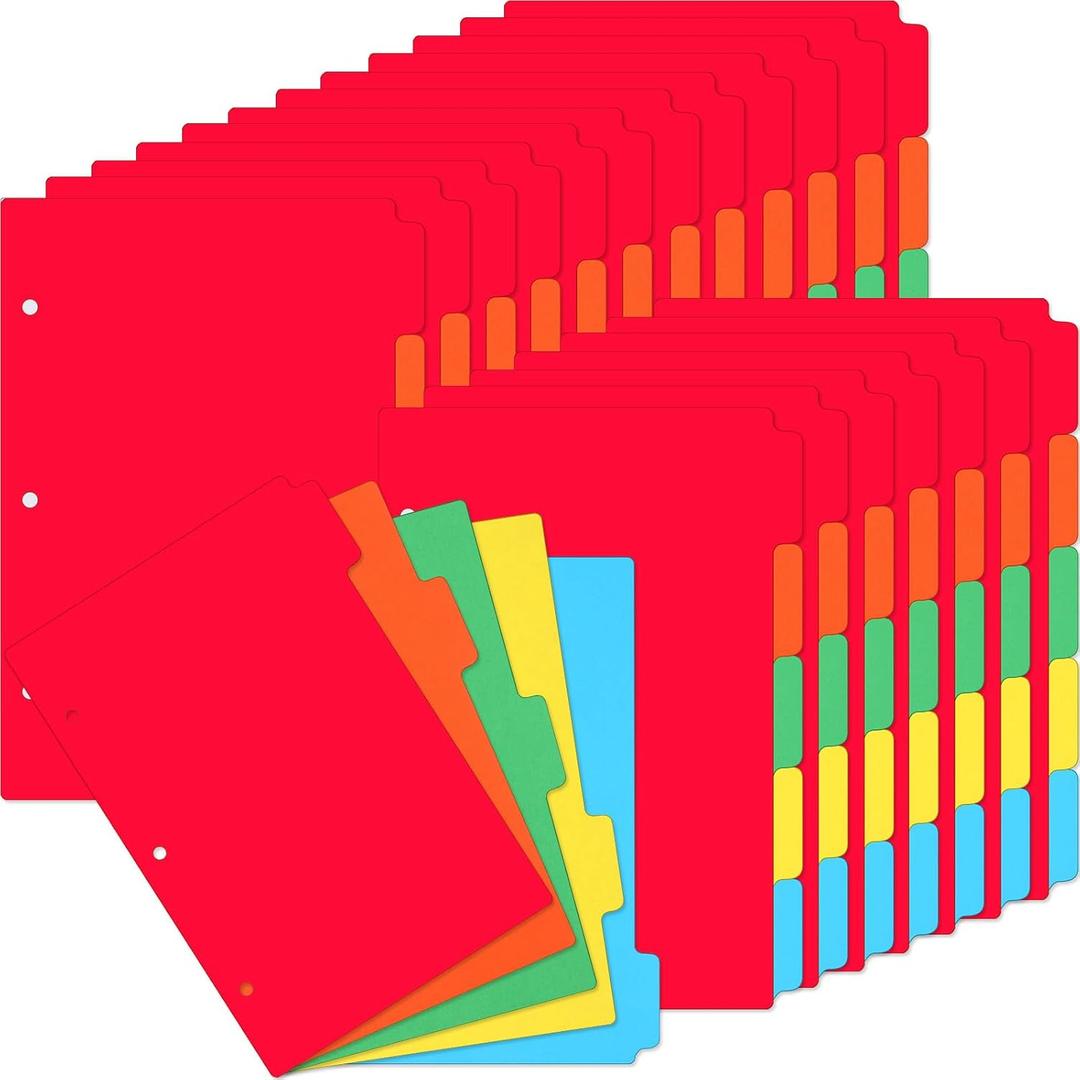 Chuangdi 24 Set/120 Pack A5 Mini Binder Dividers with Tabs, 5.5 x 8.5 Inch Write & Erase 5 Tab Paper Index Dividers for 3 Ring Binder for School & Office(Bright Color)