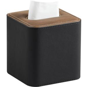Tissue Box Cover Square, Modern PU Leather Tissue Holder with Magnetic Closure for Bathroom NightStands, Decorative Square Tissue Box Holder (Black)