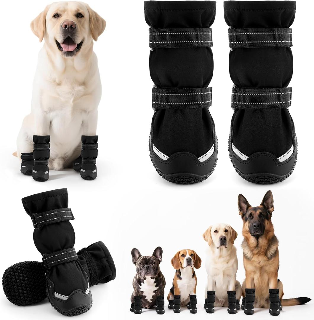 Winter Dog Snow Boots with Fleece Lining, Dog Shoes for Medium Large Size Dogs, Waterproof Dog Booties and Paw Protectors, Anti-Slip & Reflective Dog Shoes for Snow Outdoor, Hiking (Black-Size 1)