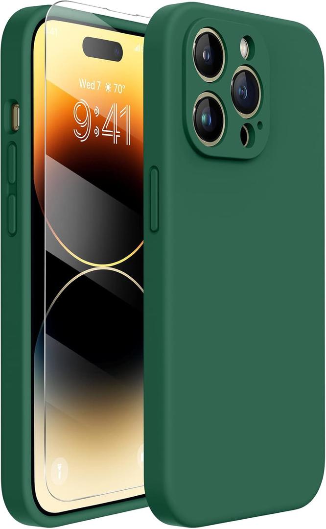 Miracase Designed for iPhone 14 Pro Case with Screen Protector, [Upgraded Camera Protection], Shockproof Liquid Silicone Rubber Phone Case Cover for 14 Pro 6.1 inch, Alpine Green