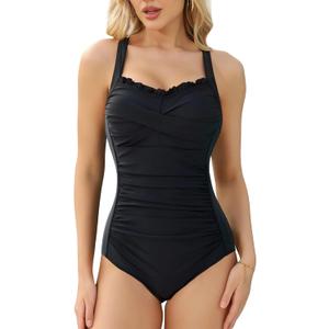 Mannice Tummy Control Swimsuits for Women 2026 One Piece Swimsuit Push Up Bathing Suit Full Coverage Slimming Swimwear (Black, L)