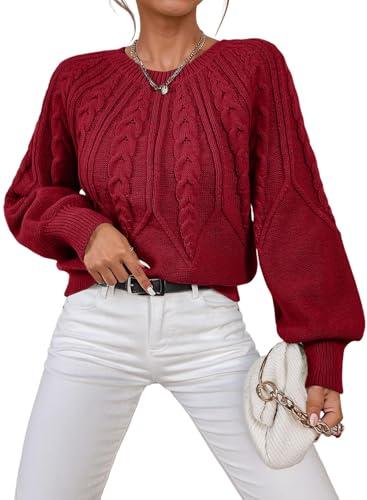 Dokotoo Purple Sweaters for Women Puff Long Sleeve Shirts Soft Chunky Cable Knit Sweater Warm Winter Tops Crewneck Winter Outifits Loose Oversized Jumper Tops, Large