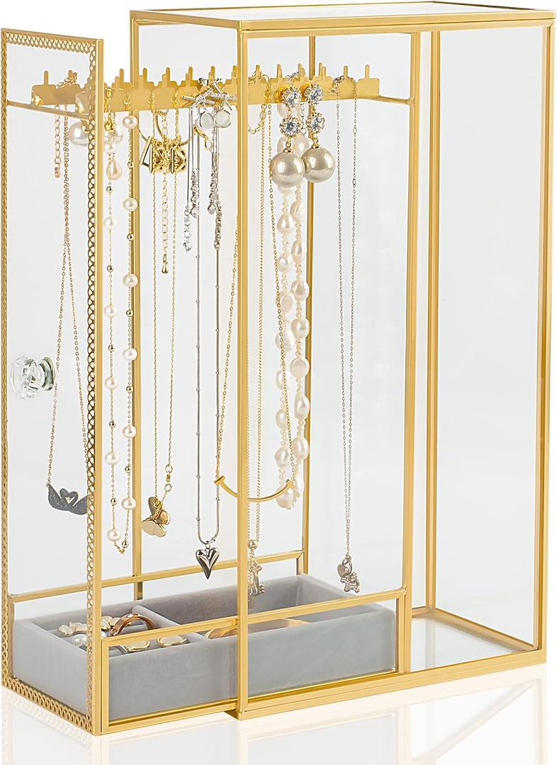 Glass Necklace Organizer Holder, Jewelry Organizer Necklace Holder with Hanging Hooks, Glass Necklaces Display Case for Storage Rings Earrings