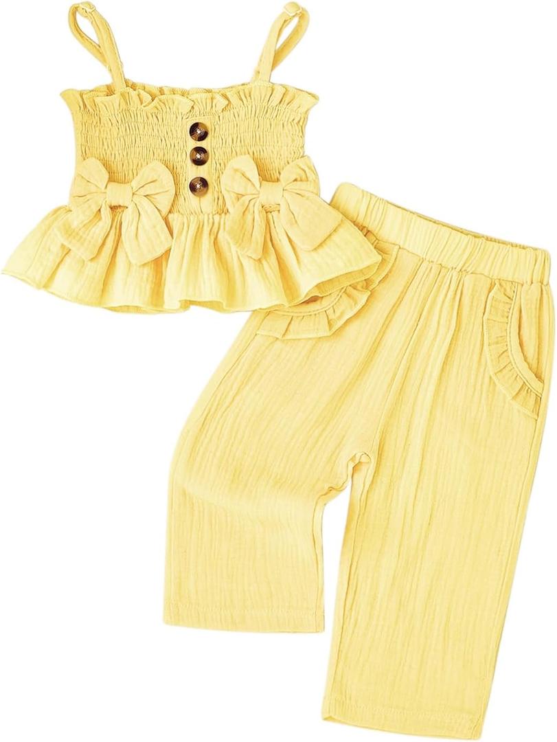 Toddler Baby Girl Clothes Summer Outfits Cute Bow Button Ruffle Camisole Pants Set 18-24 Months
