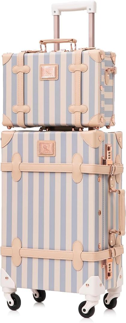 Vintage Carry on Luggage Set, 2 Piece Retro Spinner Trunk Suitcase with Cosmetic Train Case for Women, 20"+12", Blue Strip