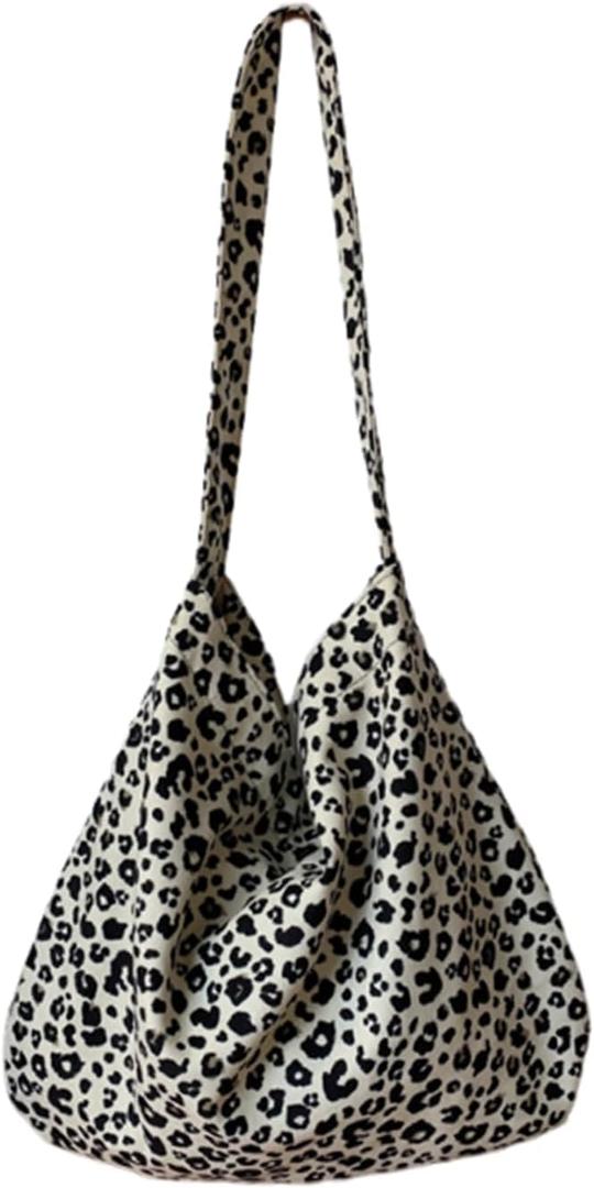 Modern Leopard Print Crossbody Bag Stylish Canvas Shoulder Bag for Women Versatile Cloth Tote (White)