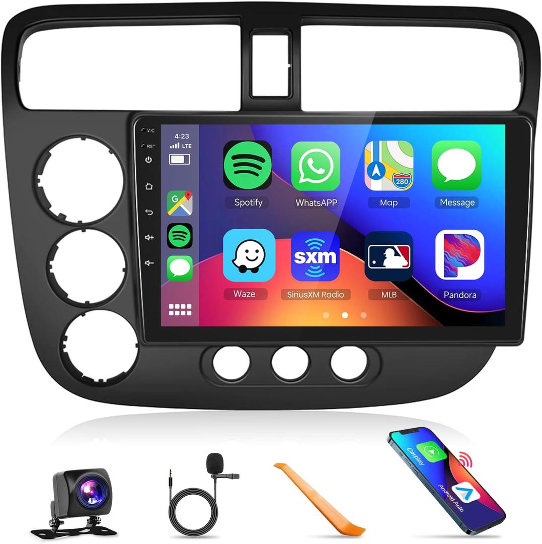 Built-in DSP Car Stereo Radio for Honda Civic 2001 2002 2003 2004 2005 with Wireless CarPlay Android Auto MirrorLink Podofo 9 inch HD IPS Touch Screen Bluetooth GPS WiFi Backup Camera Mic