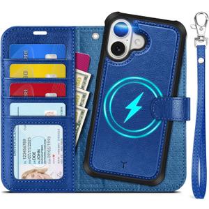 TUCCH 2-in-1 Detachable Wallet Case for iPhone 17 (6.3-inch) 2025, RFID Blocking 4 Card Slot | Wireless Charging | Wrist Strap | Kickstand | Magnetic | PU Leather | Protective Flip Cover | Klein Blue