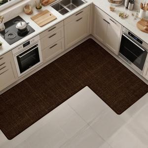 Anti-Slip Corner Kitchen Rug, 1 Piece L-Shaped Floor Mats,Super Absorption Linen Corner Mat for Home,Kitchen (Coffee Left-L, 31''X47''X18'')