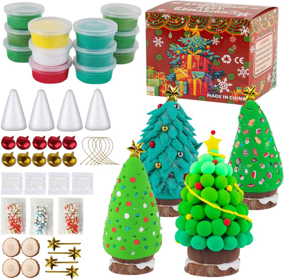 12Pack Christmas Trees DIY Crafts Kit - Air Dry Clay Christmas Crafts for Kids - Creative Air Dry Clay Modeling Indoor Decorations - Kids Christmas Trees Crafts Gift for School Winter Party Fun