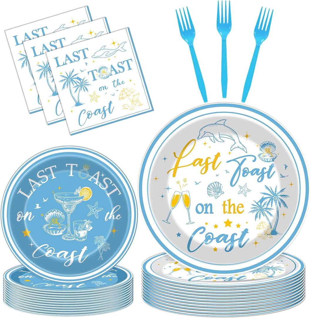 Beach Bachelorette Party Decorations - 96 Pcs Last Toast on The Coast Tableware Set, Disposable Blue Bachelorette Paper Plates Napkins Forks, Bridal Shower Decor Supplies, Serves 24 Guests