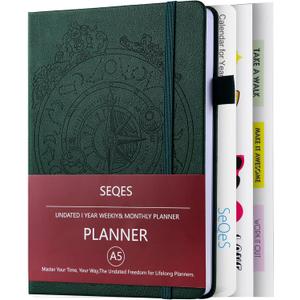 SEQES A5 Undated Planner- Leather Cover with goal tracker,full focus And habit To Increase Productivity organizer And Goal Setting & Reflection Journal | Weekly/Monthly Planner (dark green)