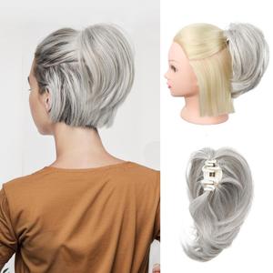 REECHO Ponytail Extension, 7" Mini Claw Clip in Ponytail Hair Extensions Short Natural Straight Wavy Messy Bun Hair Pieces for Women with Short Thin Hair - Grey Mist