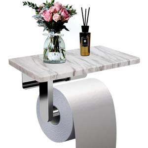 Toilet Paper Holder with Natural Marble Shelf for Bathroom Washroom,Wall Mounted Tissue Holder Suitable for Mega Roll (Brushed Nickel, Middle 7.87 * 4.72 in)