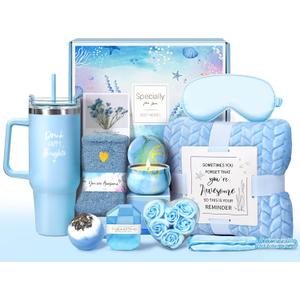Birthday Gifts for Women, Self Care Get Well Soon Gifts, Ocean Relaxing Spa Gift Basket w/ Luxury Flannel Blanket & 40 oz Tumbler, Thinking of You Gifts, Christmas Gift for Mom Wife Sister Friend