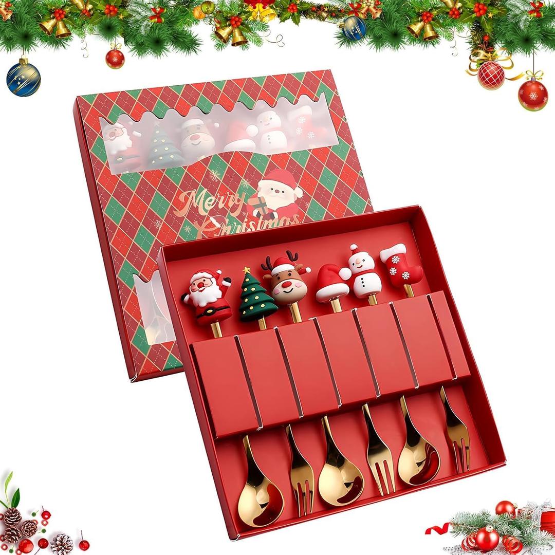 Christmas Forks and Spoons, Gold Dessert Set with 3 Spoons and 3 Forks, Stainless Steel, Gift Box for Festive Celebrations