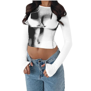 Y2K Fashion T-Shirt Round Neck Crop-top Sexy Long Sleev T-Shirt Trendy 3D Human Print Top Women Fashion Streetwear L