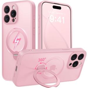 GolbinBox 360 Spin Magnetic Stand for iPhone 15 Pro Max Case, [Compatible with MagSafe], [Full Camera Protection] [16FT Military Drop Protection], Slim Translucent Matte Phone Case, Peach Pink