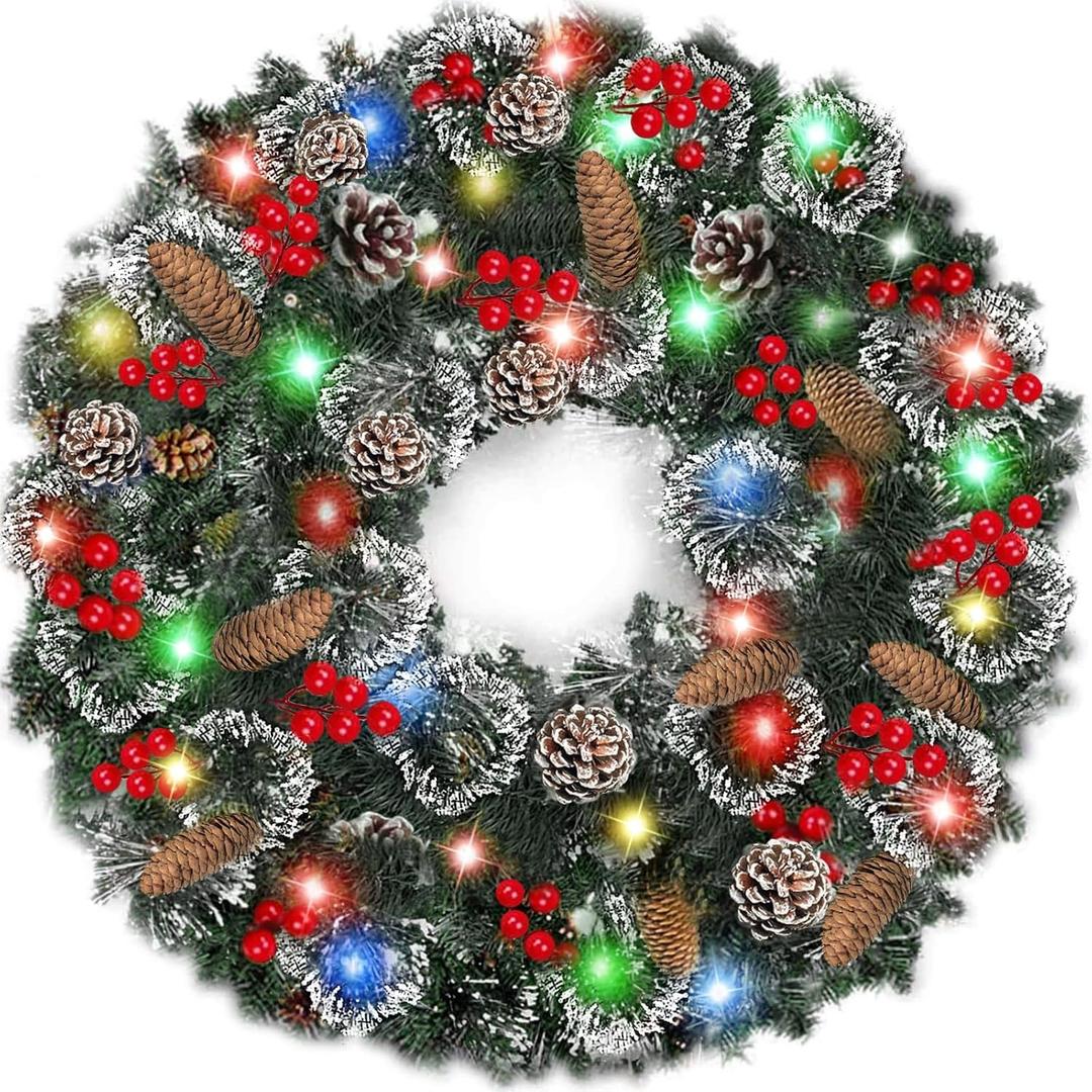 30 Inch Super Large Thick Christmas Wreath for Front Door with 100 Lights Timer Realistic Feel 311 Tips 28 Pinecone 110 Red Berry Battery Operated Outdoor Christmas Wreath Xmas Door Decor