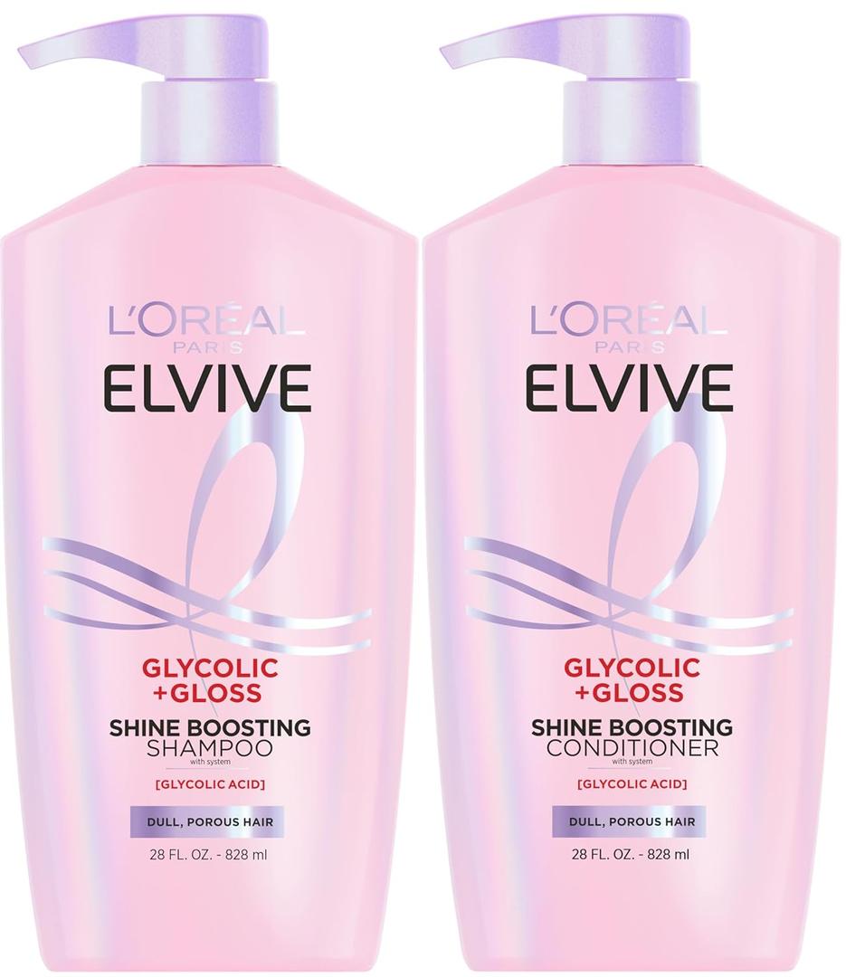 L'Oreal Paris Elvive Glycolic + Gloss Shine Boosting Shampoo and Conditioner Set, Cleanses and Smooths Dull, Porous Hair Into High-Shine, Glossy Hair, 1 Kit