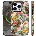 Compatible for iPhone 15 Pro Case Vintage Butterfly Rose Cute Aethetic Design for Women Girls [Compatible with Magsafe] Shockproof Anti-scratch Phone Case for iPhone 15 Pro, Retro Butterflies