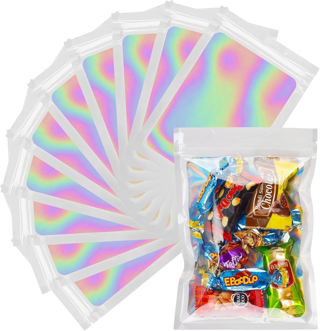 100 Pcs Holographic Bags Purple Resealable Bags with Clear Window Mylar Bags for Food Storage Packaging for Small Business(5.58Inch)