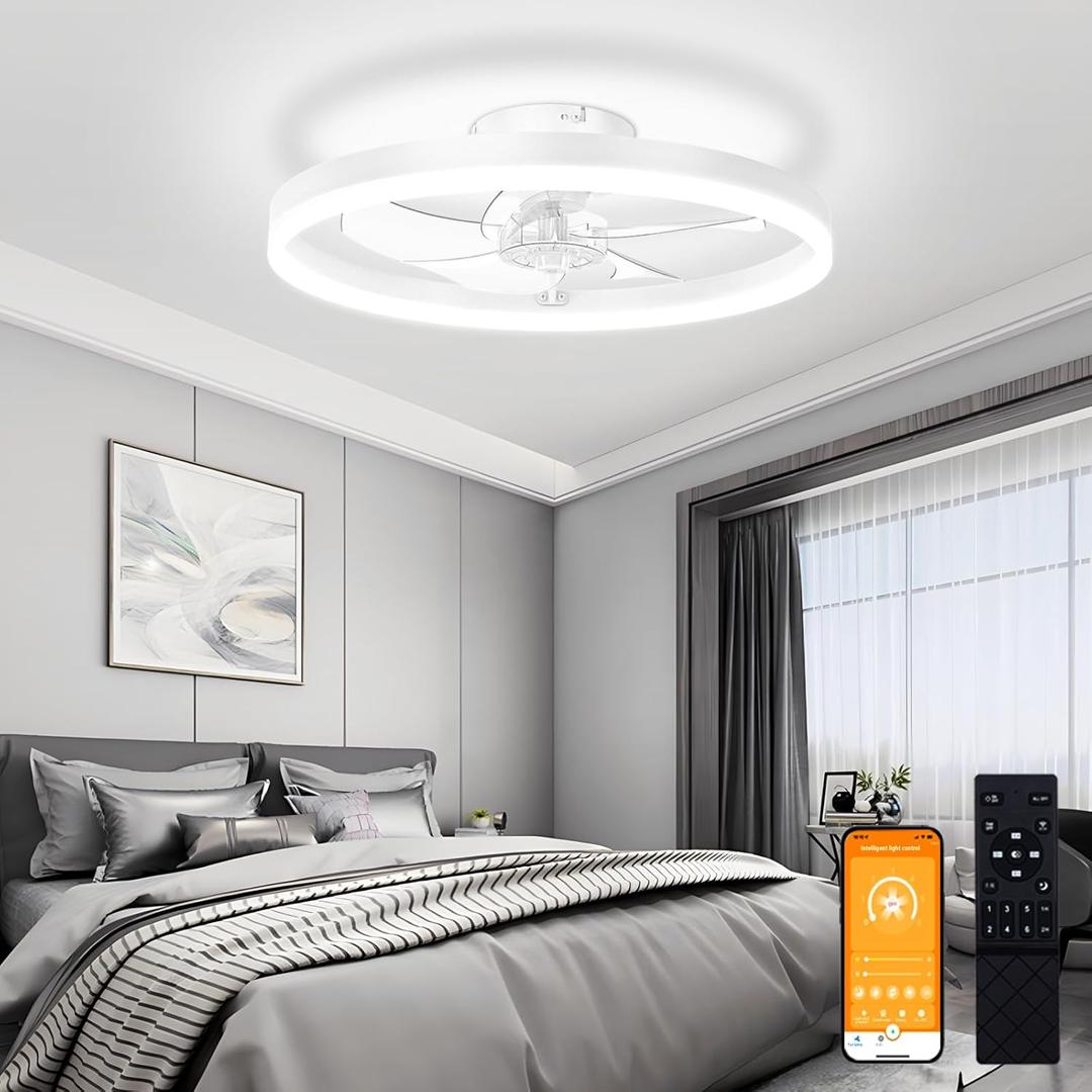 VOLISUN Low Profile Ceiling Fan with Lights and Remote, 15.7in Bladeless Ceiling Fans with light Flush Mount, 3000K-6500K Dimmable Modern LED Fan Light, White Fandelier Ceiling Fans for Bedroom
