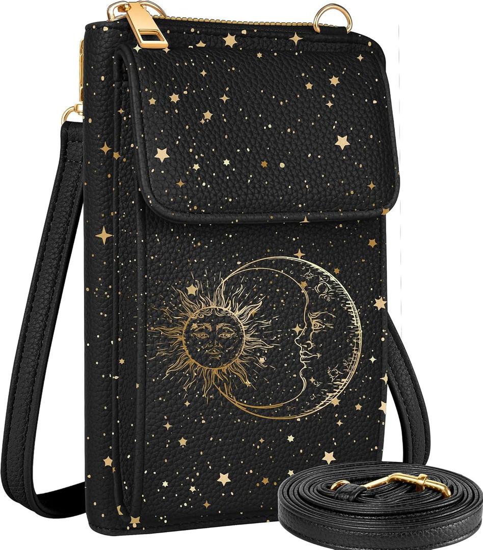 Miss Adola Cell Phone Purse Crossbody Bags for Women - Cute Design Leather Cellphone Bag Small Cross Body Bags Wallet Purses Trendy Aesthetic Pouch for iPhone with Adjustable Strap, Black Sun Moon