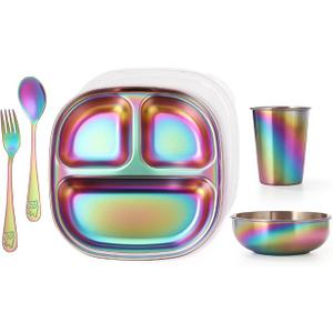 AIEVE Stainless Steel Kids Plates and Bowls, 5 Pcs Kids Dinnerware Set Includes Stainless Steel Toddler Plate with Lid, Utensils, Cup and Bowl