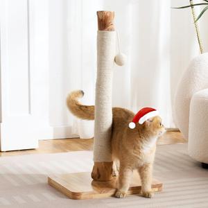 29" Tall Cat Scratching Post for Indoor Cats Adults, Extra-Stable & Natural Solid Wood Scratching Post Sisal Scratcher with Hanging Funny Ball, White