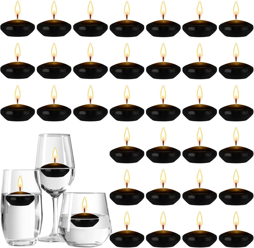Nuanchu 30 Pcs Black Floating Candles Centerpieces Bulk 1.5 Inch Small Unscented Votive Floating Candles Decoration for Wedding Anniversary Holiday Party Gifts Home Pool Decor