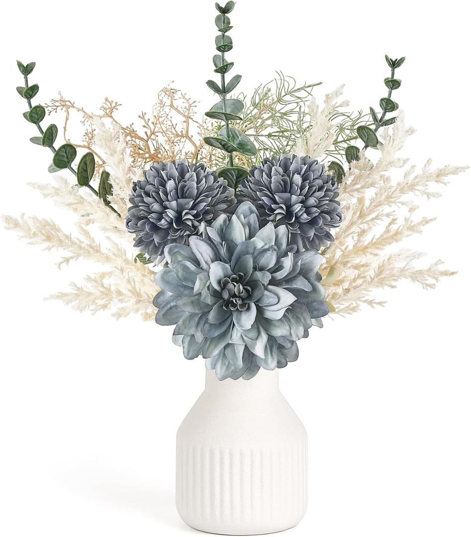 Mkono Small Artificial Flowers in Ceramic Vase 13.5" Centerpieces Coffee Table Decor, Silk Flower Arrangements for Home Decor Indoor Fake Flower Bouquet for Bathroom Dining Room Kitchen Wedding Blue (samll)