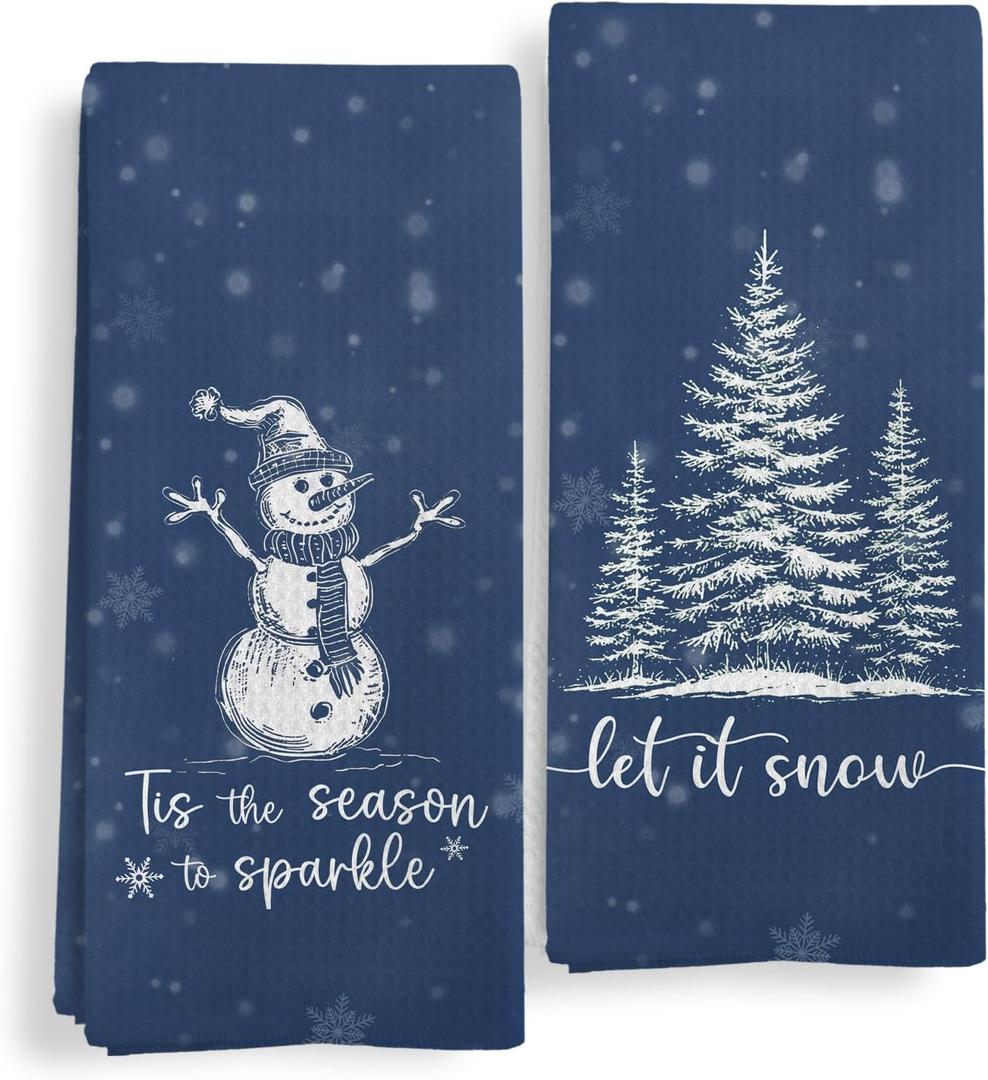 Qeheb Navy Blue Christmas Kitchen Towels, Winter Christmas Dish Tea Towels, Tis The Season Let It Snow Winter Holiday Snowman Tree Decorative Hand Towels for Bathroom Decor, 16X24In Set of 2