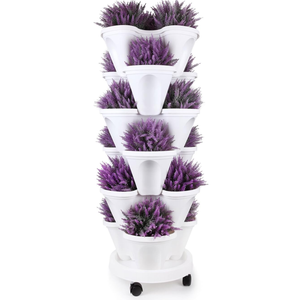 T4U Stackable Vertical Planter Set with Rolling Plant Caddy - 6 Tier Garden Tower Ideal for Growing Strawberries, Herbs, Flowers, Indoor/Outdoor Porch Decor (6 Stacking Pots+Plant Dolly)