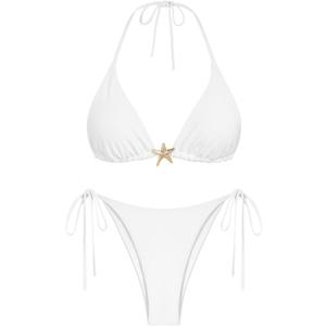 ZAFUL Women's Sexy Halter Bikini Sets Beads Tie Side Solid Triangle Thong Swimsuit Two Piece Cheeky Bathing Suits (White, S)