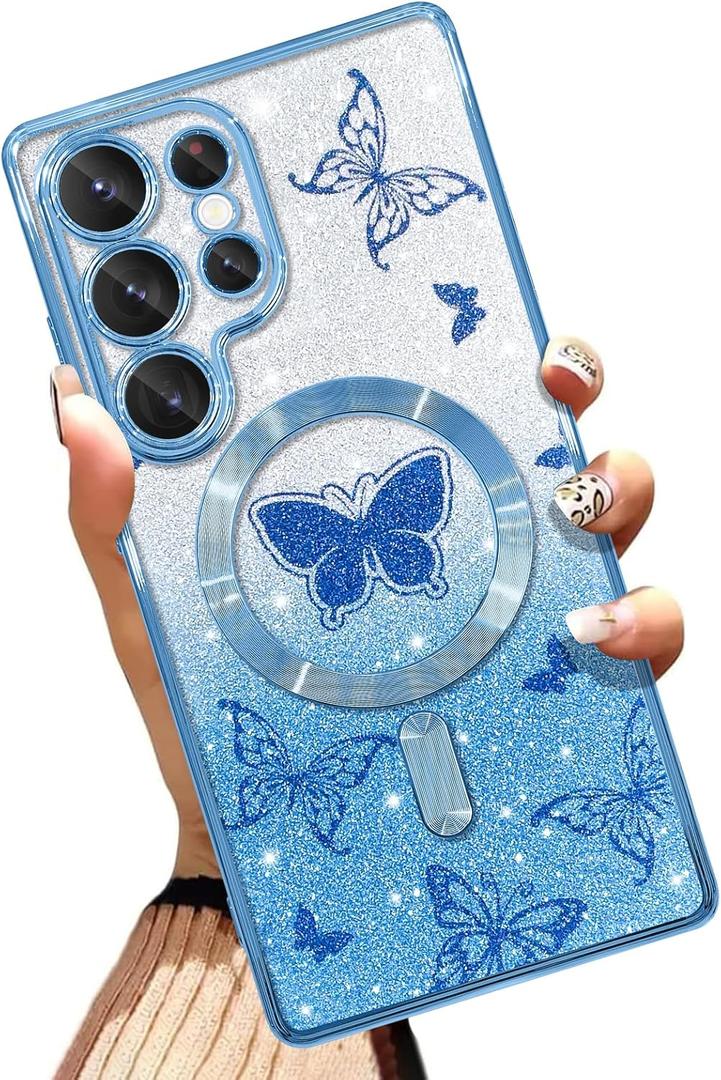 AIGOMARA Phone Case Made for Samsung Galaxy S25 Ultra [Wireless Charging Compatible] Butterfly Design Soft TPU Glitter Bling Case Shockproof Anti-Scratch Phone Cover for Women - Blue