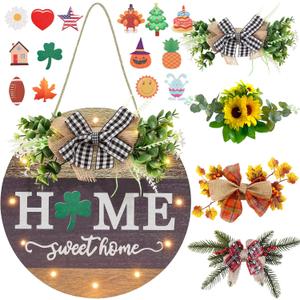 Interchangeable Seasonal Welcome Sign Front Door Decoration with 4 Seasonal Wreaths and LED Light, Rustic Round Wood Wreaths Wall Hanging Outdoor, Farmhouse Front Door Decoration Home Dcor