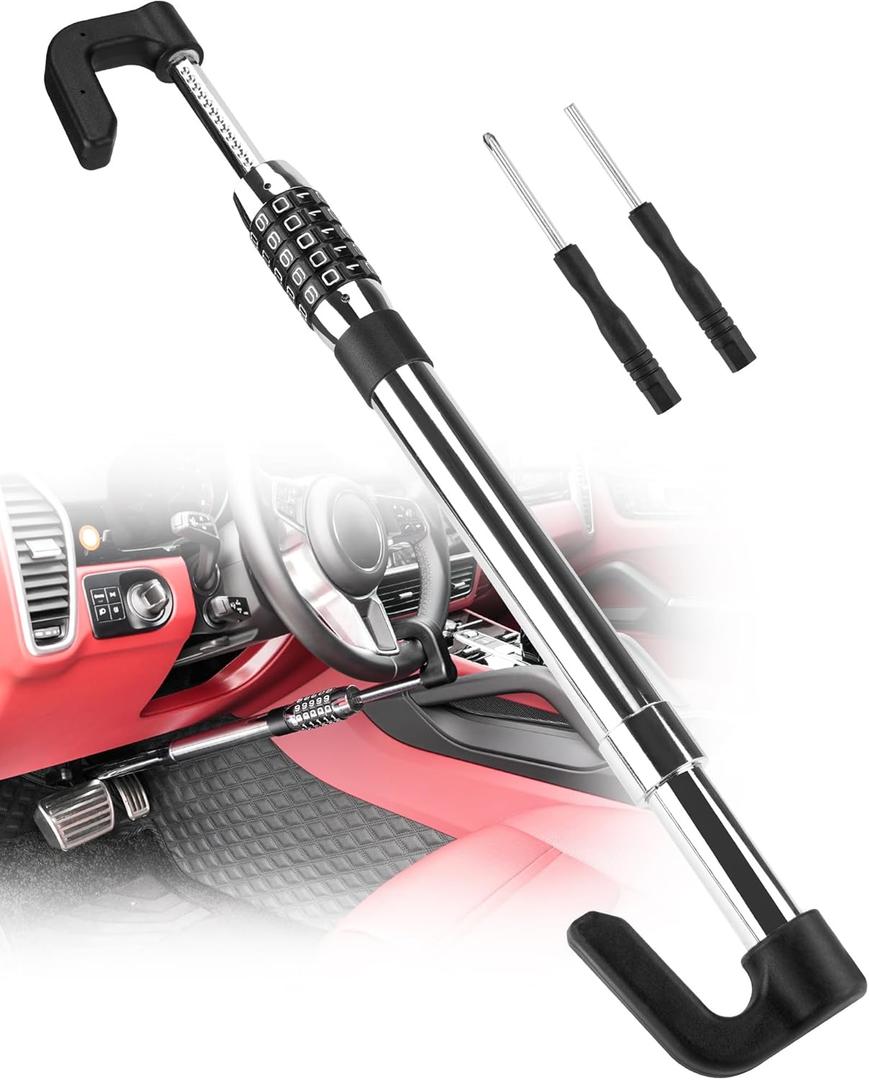 Tevlaphee Steering Wheel Lock Anti Theft Device Retractable Brake Pedal Lock Keyless Password 5 Coded Combination Anti Theft Car Security Device Heavy Duty Universal Fit for Vehicle Car Truck Van SUV (Max length of 35.8")