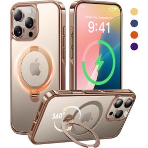 CASEKOO 360 Spin Magnetic Stand for iPhone 16 Pro Case Desert Titanium [Compatible with Magsafe][16FT Military Protection] Slim Smooth Hand-Polished Frame Titanium Alloy Sturdy Stand 6.3'', Rose Gold