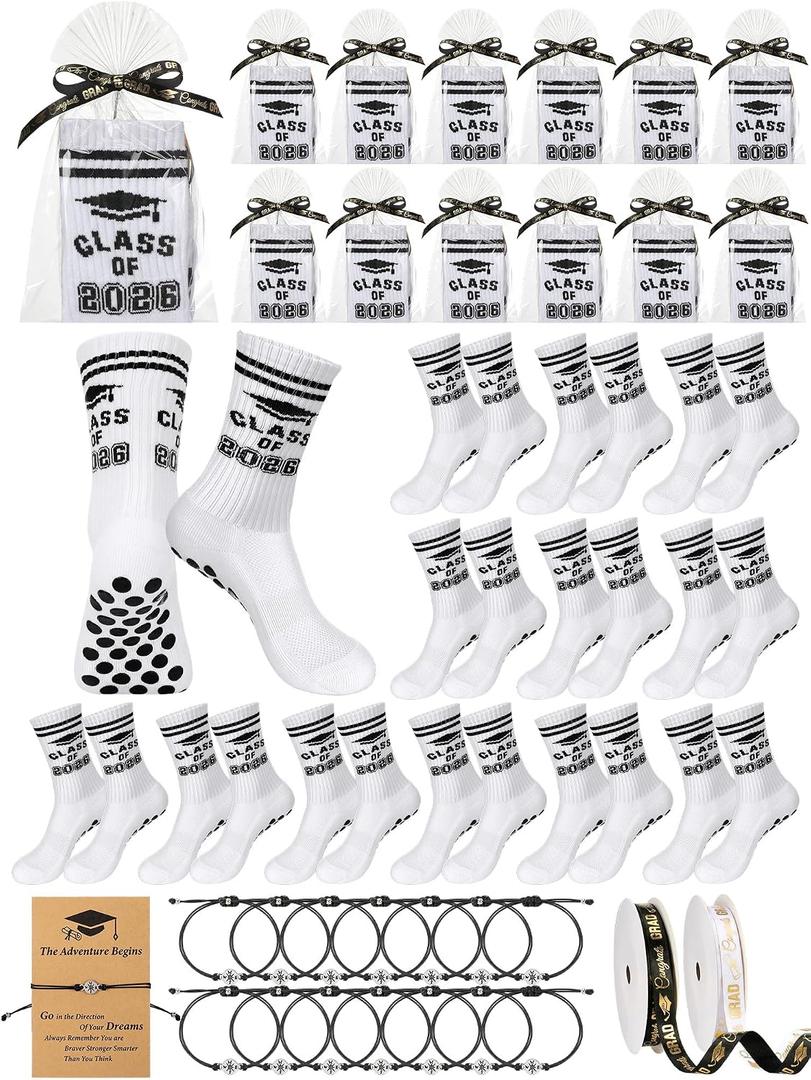Glitopper 12 Set Class of 2026 Graduation Gifts Sock for Her Him Congratulation Bracelet Set for College School Party Favors (White)