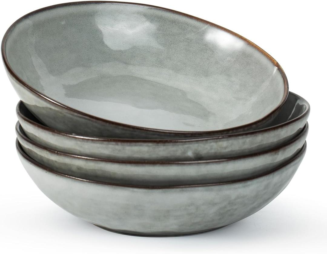 famiware Large Pasta Bowls Set of 4, Ocean Round 8.5" Pasta Serving Bowl Large Dinner Bowls, Kitchen Bowl Set, Microwave and Dishwasher Safe, Scratch Resistant, Grey (Gray)