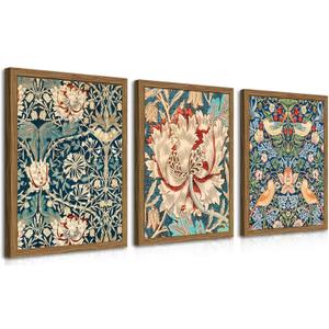 Wood Frame William Morris Wall Art Set of 3, Vintage Botanical Floral Canvas Wall Decor Painting, Farmhouse Artwork Aesthetic Posters Prints for Living Room Bedroom Bathroom 12x16In Framed (Colorful Flowers)