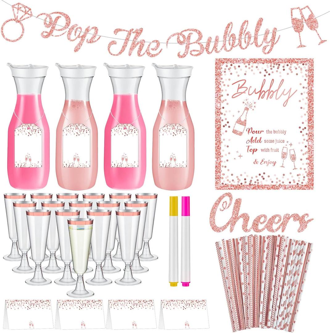 99 Pcs Mimosa Bar Supplies Bridal Shower Decorations 34 oz Plastic Water Carafe with Lids Plastic Champagne Flutes with Straws the Bubbly Banner for Rose Gold Bachelorette Mimosa Party