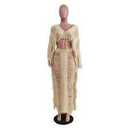 Women Sexy Two Piece Skirt Set - Tassel Hollow Out Off Shoulder High Split Cover Up Bikini Beach Dresses L