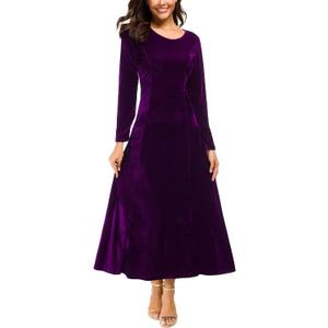 Urban CoCo Women's Elegant Long Sleeve Ruched Velvet Stretchy Long Dress (Large, Purple)