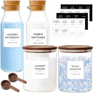 Glass Laundry Storage Containers Set, 4 Pack Liquid Detergent Dispenser with Cork Lid & Laundry Room Organization Jar with Acacia Lid, Fabric Softener Dispenser Bottles and Powder Detergent Organizer