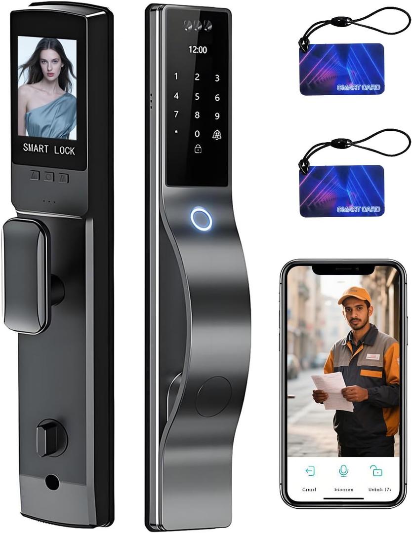 3D Face Recognition Door Lock with Lockbody, Video Smart Lock with Camera&Doorbell, Front Door Keyless Entry Lock, WiFi&Tuya APP Control/Fingerprint/IC Card/Password/Keys