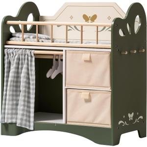ROBOTIME Baby Doll Crib, Wooden Doll Bed, Toy Baby Crib with Storage, Bedding, and Wooden Hooks, Doll Crib Fits Dolls up to 22, Doll Furniture for American Girls Ages 3+ (Green), 21.9x11.3x22.6inch